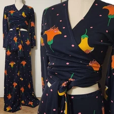 Vintage 70s 2 Piece Leslie J Flare Pants Wrap Top Sz S Disco Flower Power
