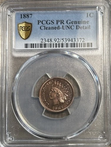 1887 Proof Indian Cent, PCGS, Proof Genuine Details, Cleaned, Free Shipping
