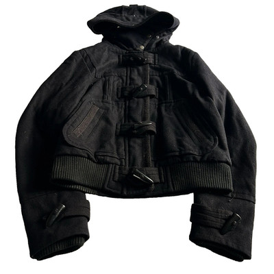 Black Duffle Coat Cropped Hooded Toggle Jacket Wool Vintage Y2K Streetwear