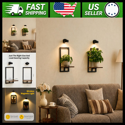 Floating Plant Shelf with Grow Lights, Remote Control, Rustic Brown