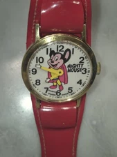 Vintage Mighty Mouse Terrytoons Swiss Made Wrist Watch – Original Red Wide Cuff
