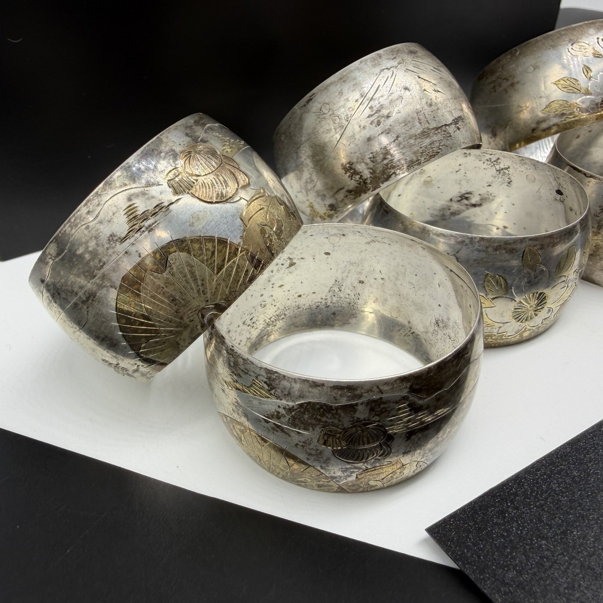 Set of 6 Vintage Japanese 950 Silver Engraved Various Nature Scene 