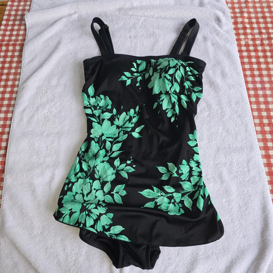 Traje de baño Maxine of Hollywood de una pieza con falda talla 10 tropical floral azul verde Foto 2 de 4