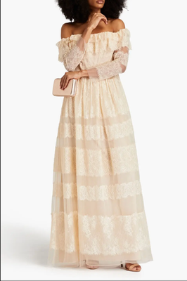 mikael aghal lace dress Mikael Aghal Off The Shoulder Corded Lace Maxi Dress Gown Champagne 6 NWT