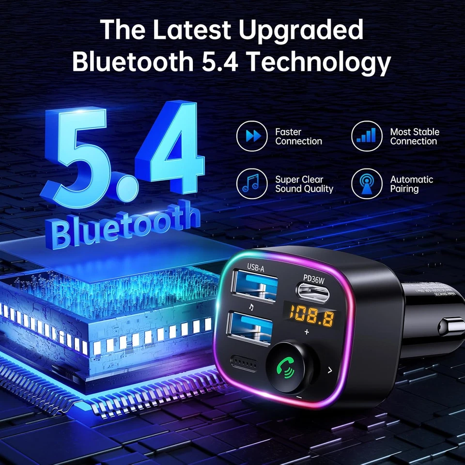 Bluetooth 5.3 FM Transmisor Coche Adaptador 48W (PD 36W y 12W) [Luz Swi Foto 2 de 4