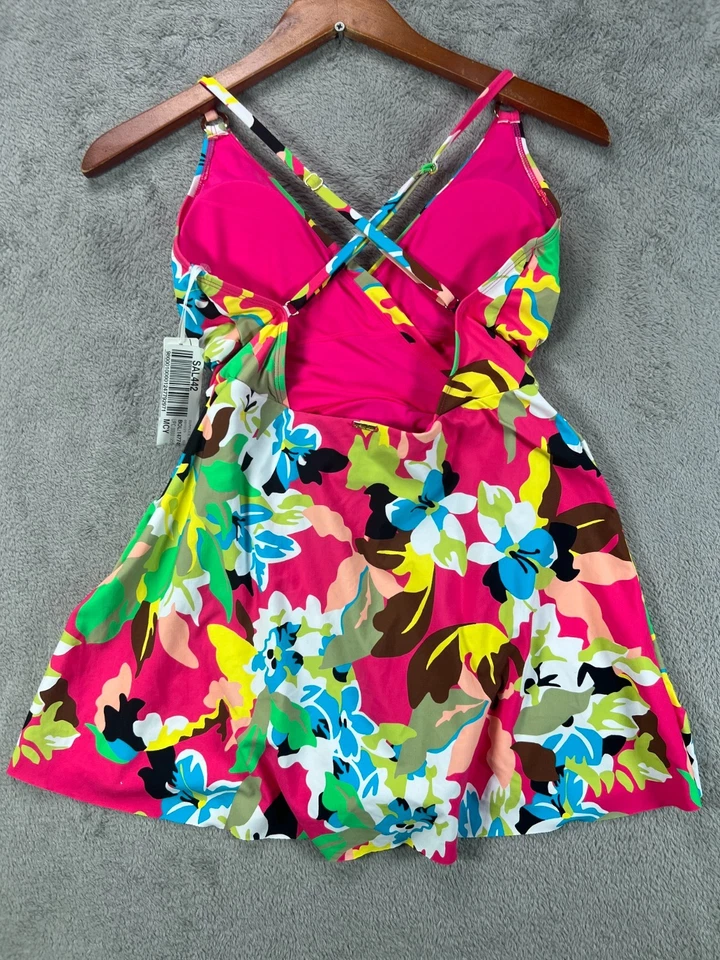 Anne Cole Maillot Print Surplice Swim Dress Pink Floral Womens Sz 10 Swim Dress - Image 2 of 4