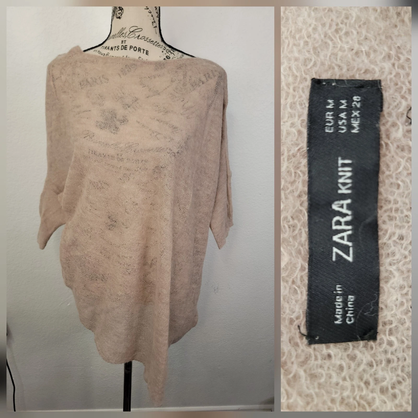 Zara Poncho Top Sz M Semi Sheer Angora Alpaca Asymmetrical Lightweight Tan