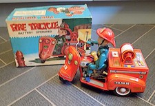 Vintage Tinplate Battery-Operated Fire Tricycle, Nomura Toys (T.N.), Japan. EXiB