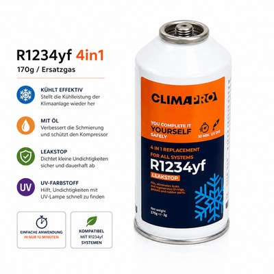 Klima Kältemittel 4 in 1 Ersatzgas R1234yf + Öl + Dichtmittel + UV-Farbstoff