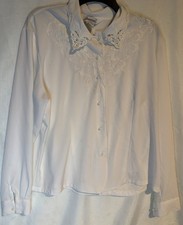 JOANNA White Button Blouse XL Textured Collar Long Slv Made in USA VTG