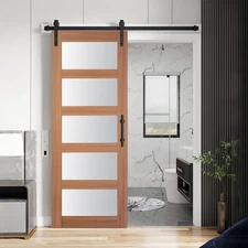 32"x84" Brown Glass Barn Door with 6FT Sliding Hardware Kit, PVC Surface