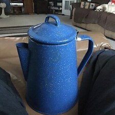 Blue Enamelware Speckled Camp Coffee Pot-9 1/4 Excellent Condition. D