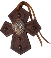 Leather Saddle Tie On Cross w/ Brushed Copper Crossed Guns Concho Free Ship