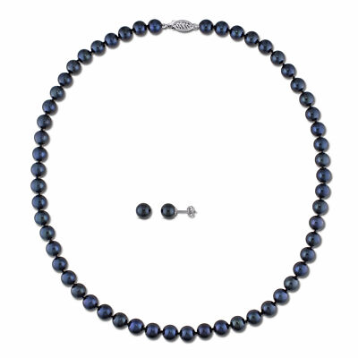 Amour 14k Weißgold 2-teiliges Set kultivierte schwarze Perle Halskette und Ohrringe
