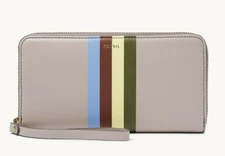 New Fossil Jori Zip Clutch wristlet RFID wallet Grey with Stripes Multi