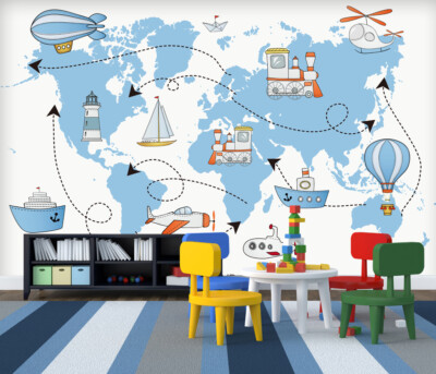3D Blue World Map Boat K3415 Wallpaper Mural Self-adhesive Removable Sticker Kay
