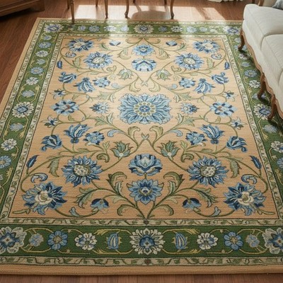 Handgetuftete Wolle und Baumwolle, Seidenteppich Farbe Blau & Beige Handgefer...