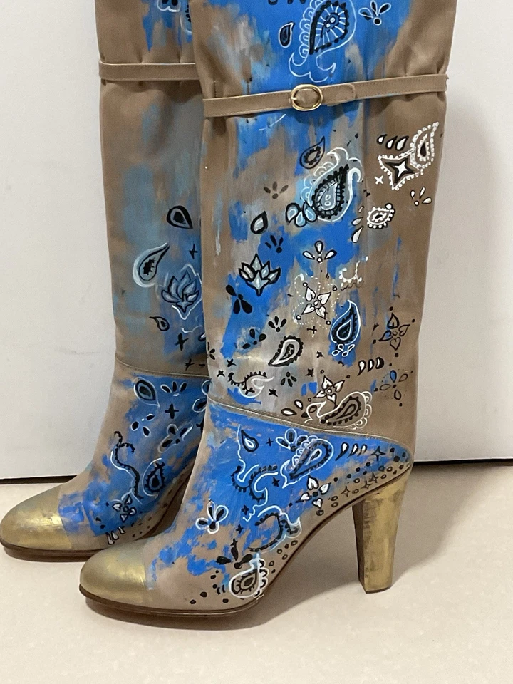 Bottes En Cuir Beige Avec Motif Bandana - Made In Italy -Taille 39,5 - Photo 4/4