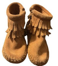 MINNETONKA Moccasin Brown Suede Zip Top Fringe Rubber Sole Unisex Toddler 4
