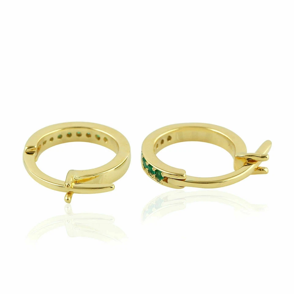 18K Massives Gelbes Gold Minimale Smaragd Huggie Ohrringe S594 - Bild 3 von 4