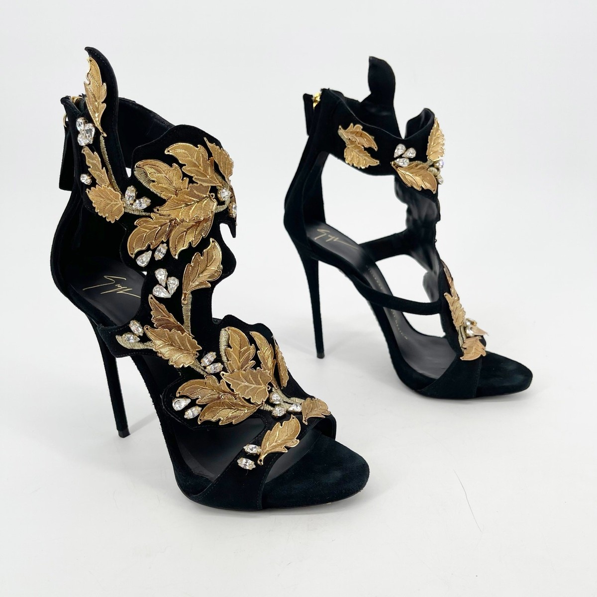 Giuseppe Zanotti Coline Black Suede Gold Leaf Crystal Heel Sandals