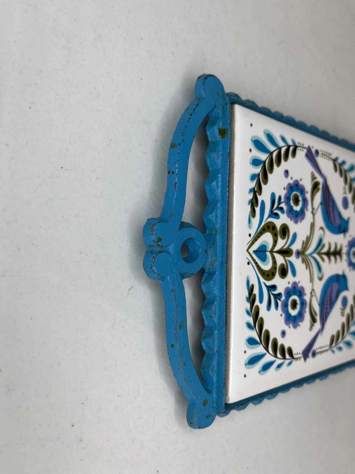 Vintage Cherry Japan Ceramic Tile Cast Iron Trivet Bluebird Folk Art MCM 1970s - product detail image 2