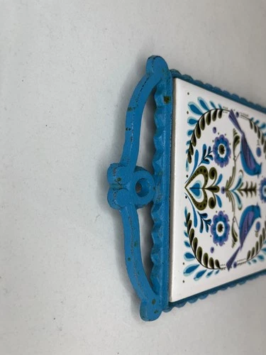 Vintage Cherry Japan Ceramic Tile Cast Iron Trivet Bluebird Folk Art MCM 1970s image 2