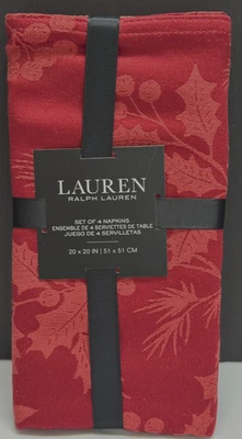 LAUREN RALPH LAUREN Ralph Lauren Christmas Red Holly Berries Fabric Napkins Set of 4