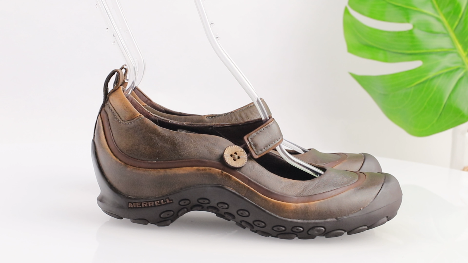 Scarpa Merrell donna Plaza Emme Mary Jane misura 8 5 pelle marrone zeppa tacco zoccolo