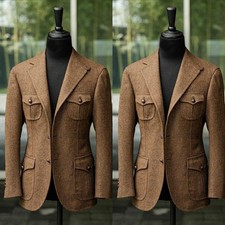 Men Safari Jacket Four Pockets Formal Business Prom Men Hunting Coat