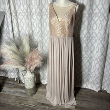 David's Bridal Bridesmaid Dress Size 14 Cream Tan Color Maxi Leg Slit Wedding
