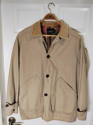 #ad J. CREW Barn Jacket Chore Coat Men#x27;s Small Flannel Lined Cotton Inner Pocket Tan $59.99