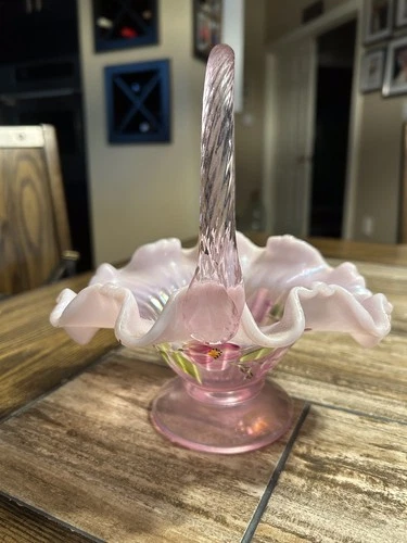 Vtg. Fenton M. Caplinger Hand Painted Pink Glass Bride’s Basket