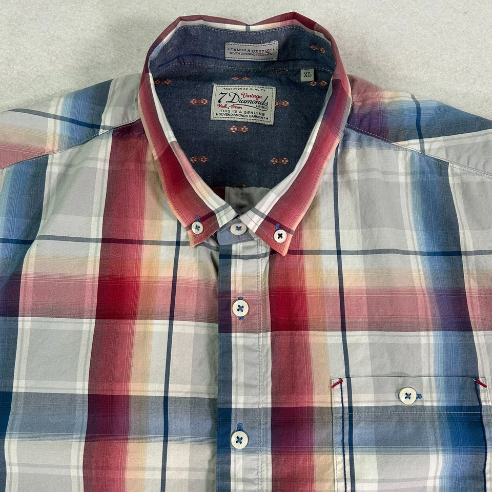 7 Diamonds Men's Shirt XL SLIM (46" Chest) Plaid Short Sleeve Button Down Casual - Image 2 of 4