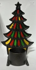 Vtg Stained Glass Christmas Tree Candle Holder Tea Light Cast Iron MCM 7”