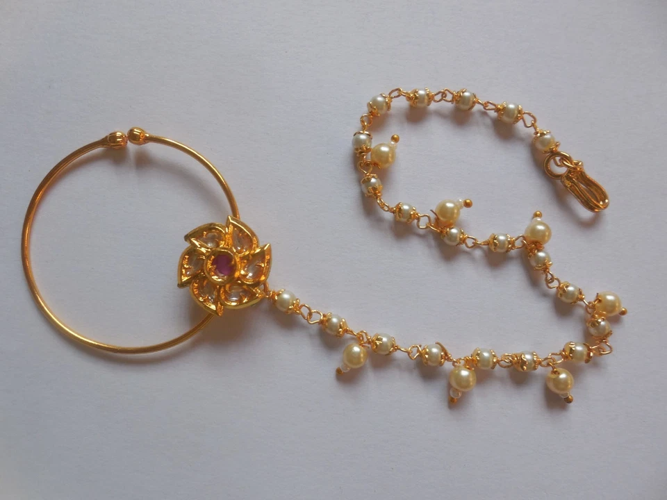 Gold Plated Kundan Nose Ring With Chain Nath Non Pierced Wedding Bridal Hoop - Image 3 of 4