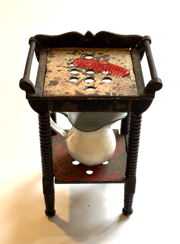 Vintage Miniature Metal Washstand for Dollhouse w/ Enamel Pitcher and Plast Comb - Picture 2 of 9