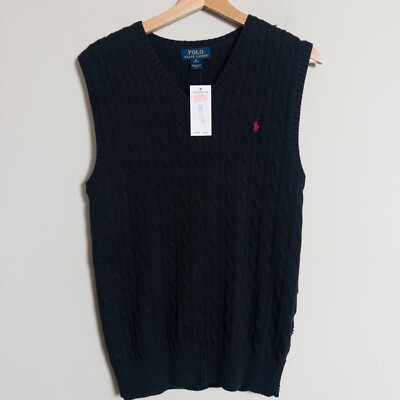 Polo Ralph Lauren Sweater Boy XL 18-20 Black Cable Knit Cotton Vest Cotton Stain