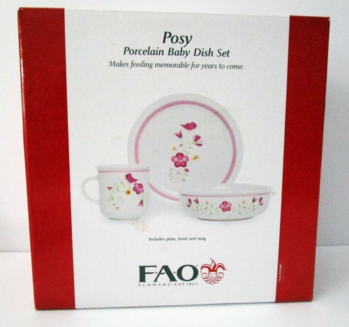 FAO Schwarz 3 Piece Baby Child Porcelain Dinnerware Set Posy Flower Bird NIB - Foto 5 di 6