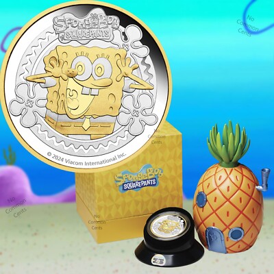 2024 Tuvalu Spongebob Squarepants oz Silver Gilded Coin in Pineapple  Display