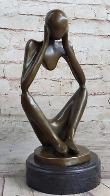 Abstract Thinking Man Not Listening Covering Ears Bronze Sculpture Statue Decor