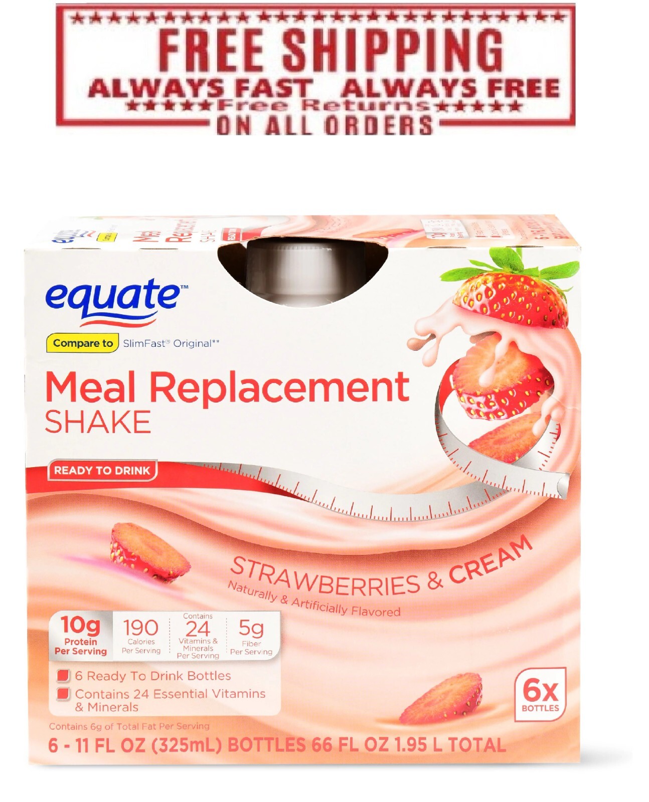 Equate Meal Replacement Shake, Strawberries & Cream, 11 fl oz, 6 Count