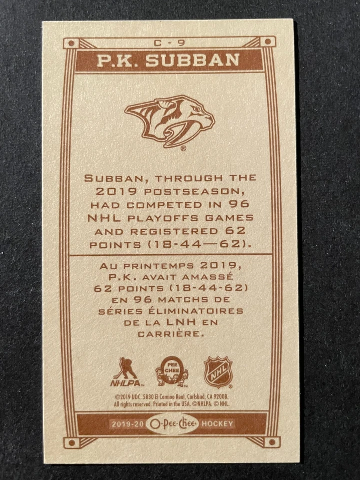 P.K. SUBBAN 2019-20 O-Pee-Chee Mini Caramel #C-9 Nashville Predators - Image 2 of 2