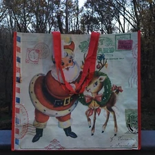 Classic Retro Santa and Reindeer Postcard XL Shopping Bag Xmas EcoTote~ TJ Maxx