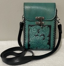 Turquoise Bordo Crossbody Hand Tooled Embossed Leather With Clasp