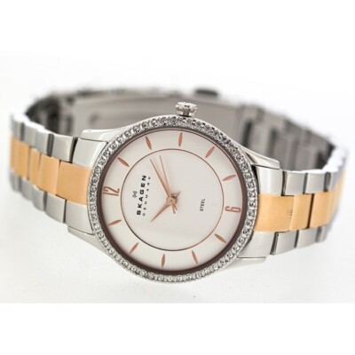 Skagen 347SSRX While Dial, Silver Case & Two Tone Band Ladies Watch
