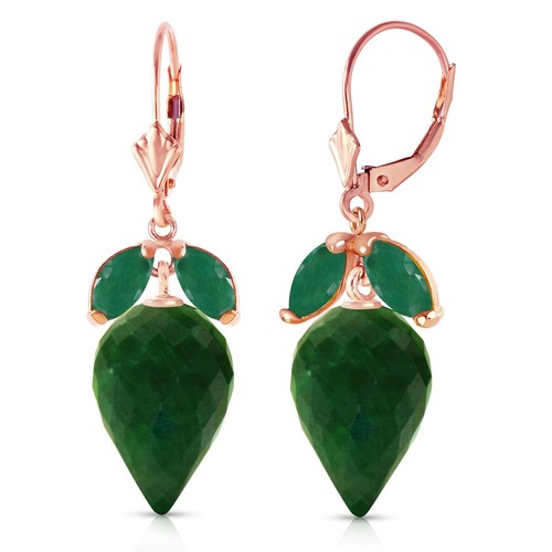14K. SOLID GOLD EARRING WITH DANGLING POINTY BRIOLETTE DYED GREEN SAPPHIRES & EM - Picture 2 of 5