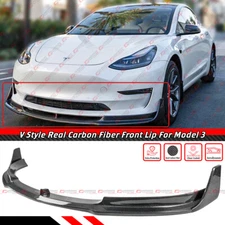 For 17-23 Tesla Model 3 V Style 3pc Real Carbon Fiber Front Bumper Lip Splitter