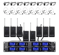 Wireless Microphone System UHF Pro Audio 8 Channel 8 Lavalier Bodypacks Headset