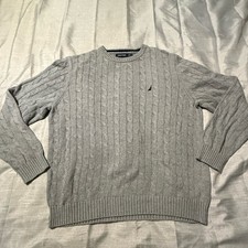 Nautica Men's Light Gray Cable Knit Crewneck Sweater 100 Cotton Large casual